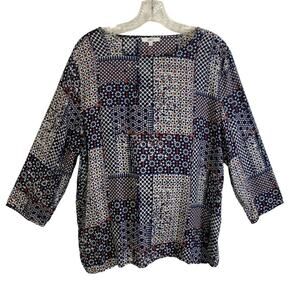 Jake's Womens Size M Blue Patchwork 3/4 Sleeve Wide Neck Loose Fit Blouse Top